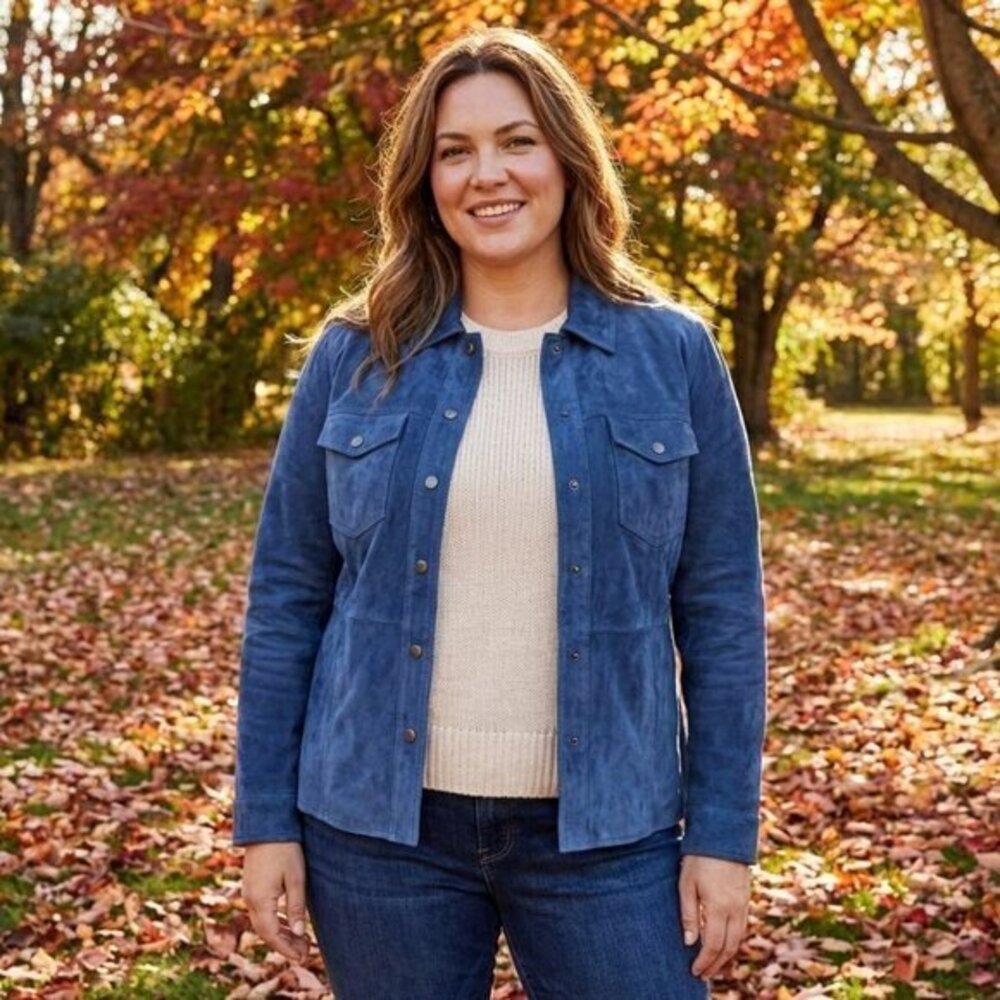 Coldwater Creek Women's Dark Navy Genuine Suede Leather Shirt Jacket XL